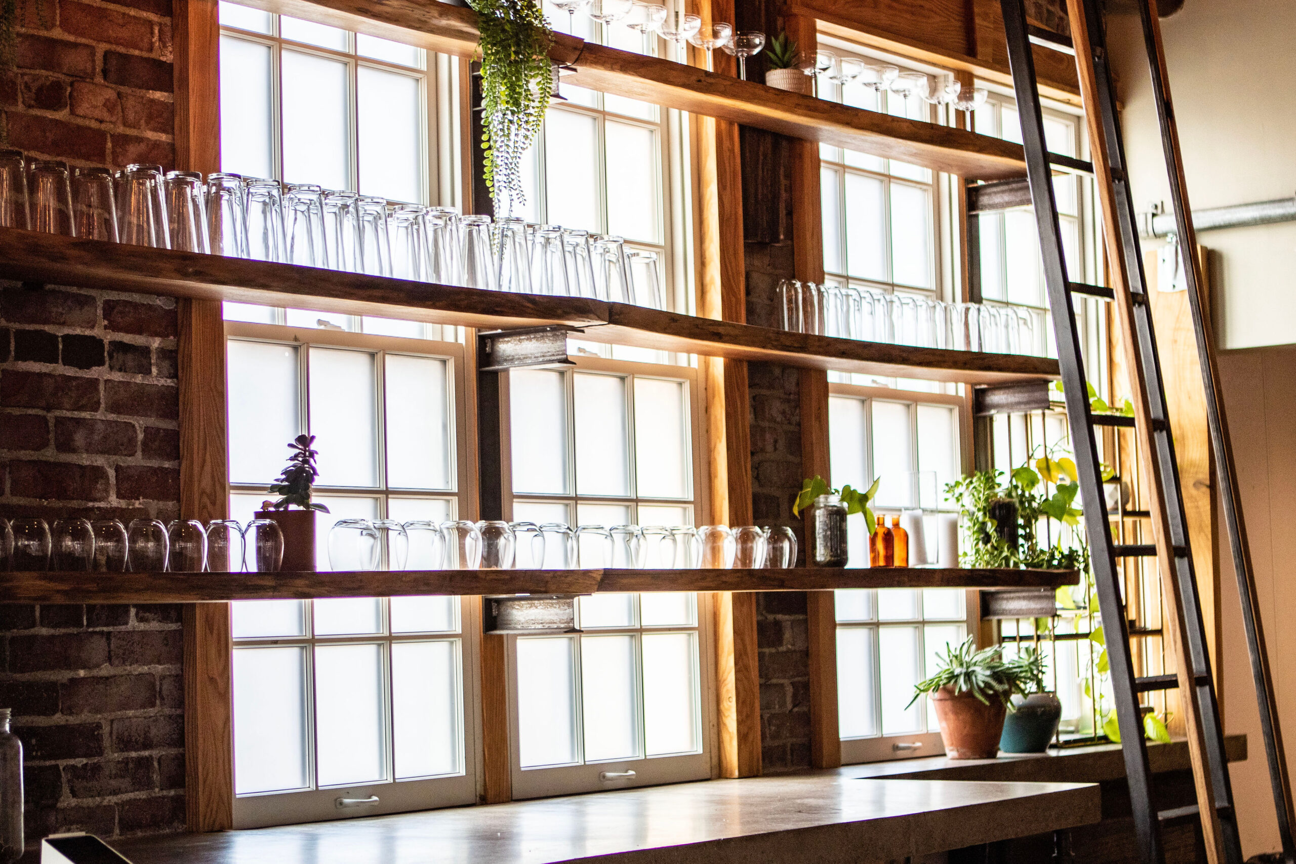 Custom bar at Tinker House with live-edge shelving and rope lighting